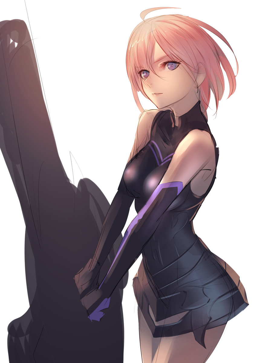 1girl absurdres armor armored_dress bangs bare_shoulders black_leotard breasts elbow_gloves fate/grand_order fate_(series) gloves hair_over_one_eye highleg highleg_leotard highres large_breasts leotard light_purple_hair looking_at_viewer mash_kyrielight purple_gloves shield short_hair solo t800 thighs violet_eyes