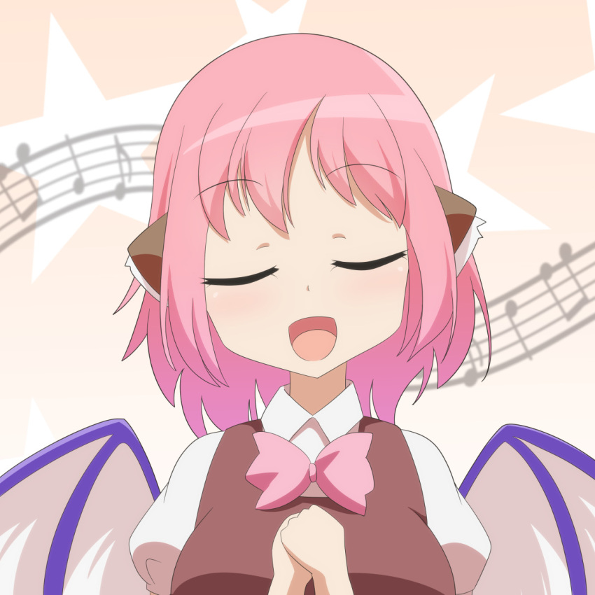 1girl :d animal_ears beige_background bird_wings bow bowtie brown_vest cato_(monocatienus) closed_eyes commentary eyebrows_visible_through_hair facing_viewer hands_on_own_chest hands_together highres music musical_note mystia_lorelei open_mouth pink_bow pink_hair puffy_short_sleeves puffy_sleeves shirt short_hair short_sleeves simple_background singing smile solo staff_(music) star_(symbol) starry_background touhou upper_body vest white_shirt wings