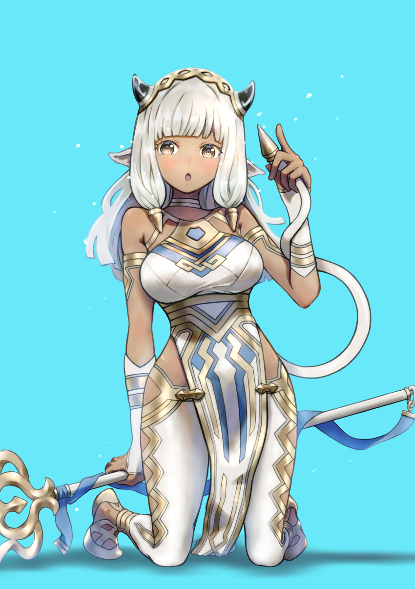 1girl :o absurdres animal_ears ash_(fire_emblem) bangs bare_shoulders black_horns blue_background blunt_bangs blush breasts brown_eyes commentary cow_ears cow_girl cow_horns cow_tail dark-skinned_female dark_skin dress elbow_gloves fingerless_gloves fire_emblem fire_emblem_heroes gloves gold_trim highres holding holding_staff holding_tail holding_weapon horns howaito_gyuunyuu index_finger_raised kneeling large_breasts lips long_hair looking_at_viewer pants pelvic_curtain pink_lips shadow simple_background sleeveless sleeveless_dress solo staff tail tight tight_pants weapon white_dress white_gloves white_hair white_pants