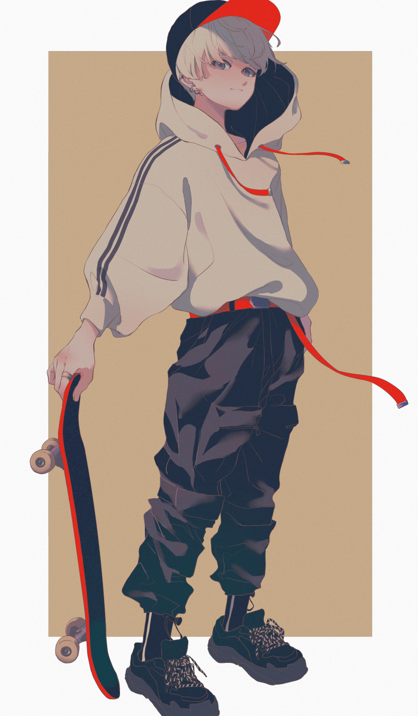 1boy absurdres belt black_footwear black_pants border brown_background drawstring full_body grey_hoodie hat highres hood hood_down hoodie huge_filesize male_focus original pants red_belt ritao_kamo shadow shoes simple_background skateboard solo standing white_border