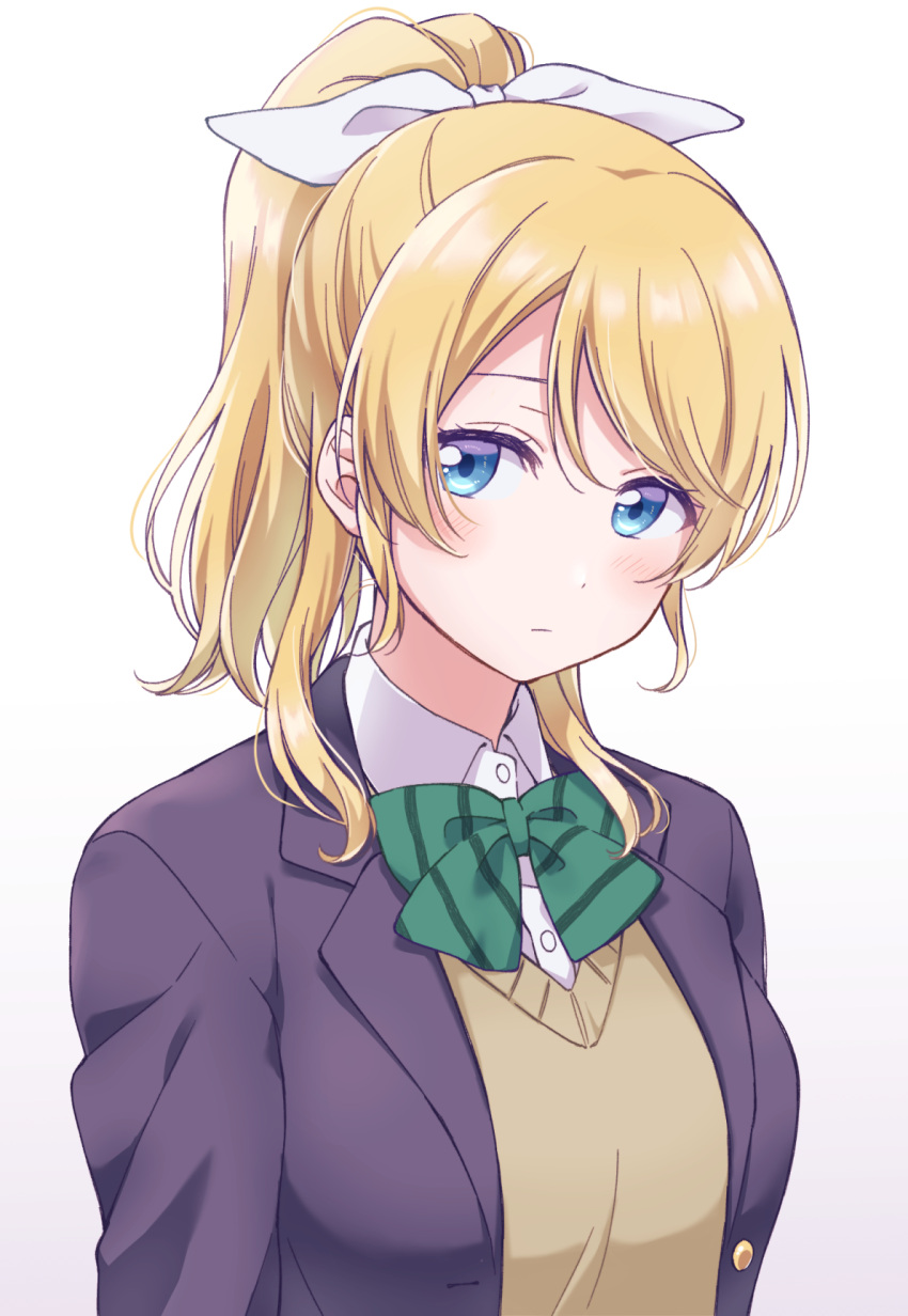 1girl ayase_eli bangs blazer blonde_hair blue_eyes blush bow bowtie breasts brown_sweater buttons closed_mouth collared_shirt dress_shirt gradient gradient_background green_bow grey_background hair_bow head_tilt high_ponytail highres jacket looking_at_viewer love_live! love_live!_school_idol_project medium_breasts medium_hair open_clothes open_jacket otonokizaka_school_uniform ponytail purple_jacket school_uniform shiny shiny_hair shirt solo striped striped_bow striped_neckwear surufuji sweater swept_bangs upper_body white_background white_bow white_shirt