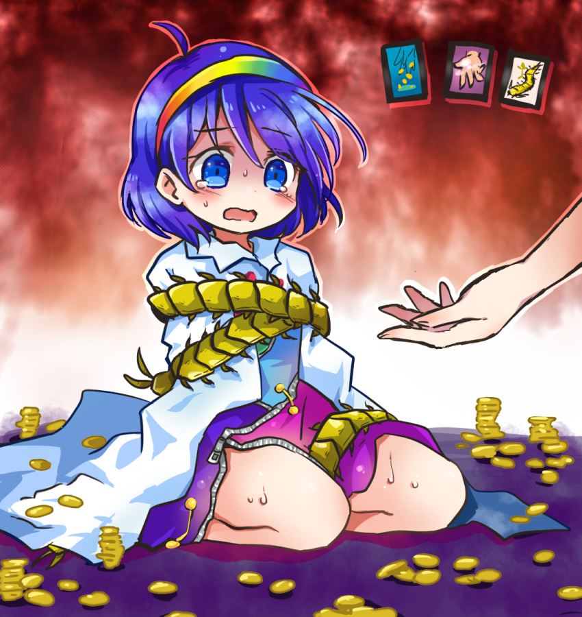 1girl bangs blue_eyes blue_hair blush bound bug cape card centipede coin crying gold hairband money open_mouth pote_(ptkan) rainbow scared short_hair solo tears tenkyuu_chimata tied_up touhou white_cape zipper