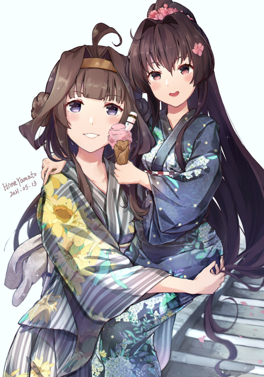 2girls ahoge arm_around_shoulder artist_name blush bow brown_eyes brown_hair close-up collarbone commentary_request dated double_bun eyebrows eyebrows_visible_through_hair flower food grin hair_bow hair_flower hair_ornament highres himeyamato holding holding_food holding_person ice_cream japanese_clothes kantai_collection kimono kongou_(kancolle) long_hair long_sleeves looking_at_viewer multiple_girls obi open_mouth pink_flower ponytail sash short_hair smile stairs teeth two_side_up violet_eyes wide_sleeves yamato_(kancolle) younger yukata