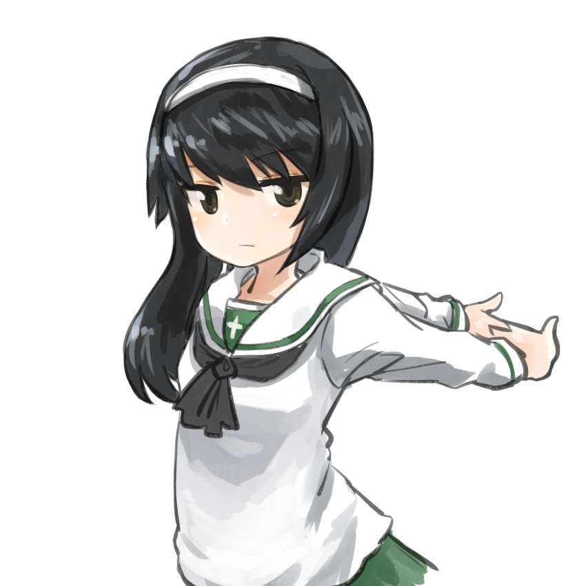 1girl arms_behind_back black_hair girls_und_panzer hairband highres long_hair oshiri_seijin reizei_mako sketch solo stretch upper_body white_background