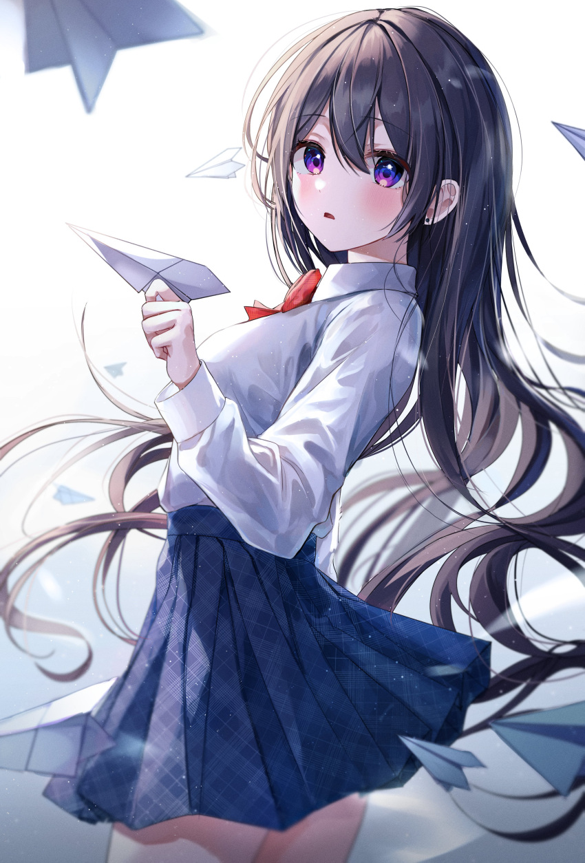 1girl absurdres bangs black_hair blurry blurry_foreground blush bow bowtie collared_shirt cowboy_shot eyebrows_visible_through_hair from_side hair_between_eyes hair_strand hand_up highres holding long_hair long_sleeves looking_at_viewer looking_to_the_side messy_hair myowa original paper_airplane parted_lips pleated_skirt purple_skirt shirt sidelocks skirt solo standing thighs very_long_hair violet_eyes wrist_cuffs
