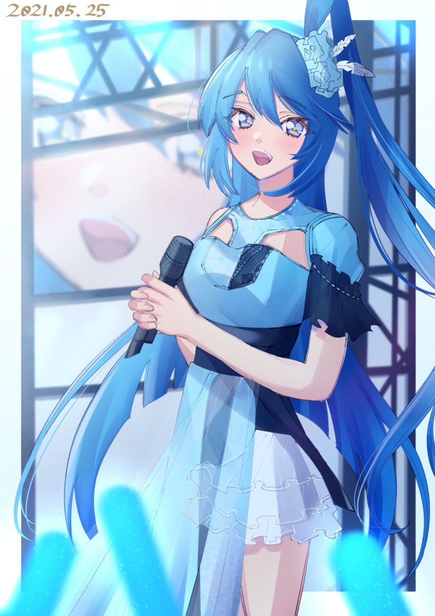 1girl 2021 :d audience bangs blue_eyes blue_hair cowboy_shot dated eyebrows_visible_through_hair floating_hair gogat8 hair_between_eyes high_ponytail highres holding holding_microphone idol kazanari_tsubasa layered_skirt long_hair microphone miniskirt open_mouth senki_zesshou_symphogear side_ponytail skirt smile solo standing very_long_hair white_skirt