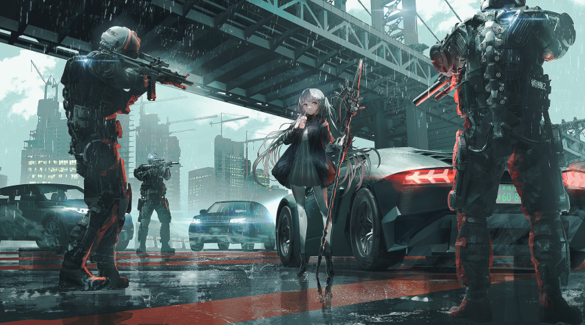 1girl 3boys aiming bendy_straw black_footwear black_jacket black_pants boots building car closed_mouth commentary_request crane_(machine) dress drinking drinking_straw grey_dress grey_hair grey_legwear ground_vehicle gun helmet highres holding holding_gun holding_spear holding_weapon jacket long_hair motor_vehicle multiple_boys original outdoors pants pantyhose polearm rain red_eyes scope smile spear suspension_bridge swav very_long_hair weapon