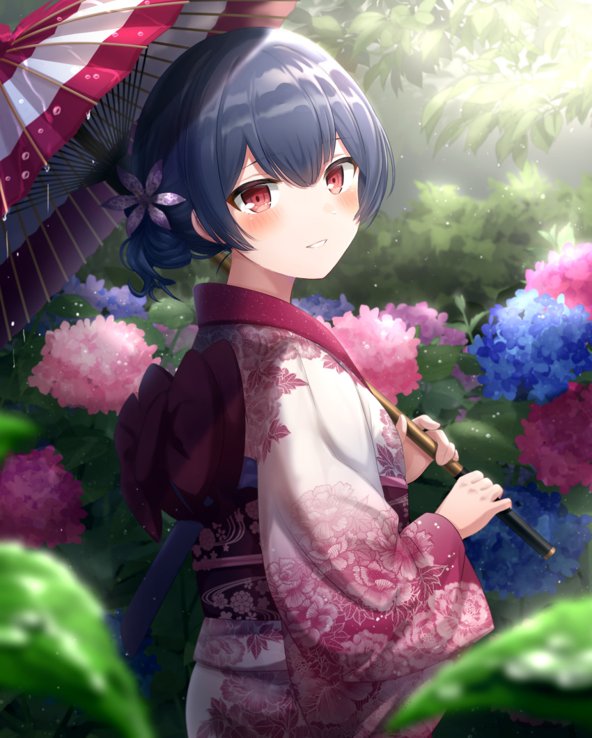 1girl absurdres black_hair blush bush eyebrows_visible_through_hair flower grin hair_bun hair_flower hair_ornament highres hydrangea idolmaster idolmaster_shiny_colors japanese_clothes kamiya_ryuu kimono looking_at_viewer looking_to_the_side morino_rinze outdoors parasol plant rain red_eyes smile solo teeth tied_hair tree umbrella upper_body