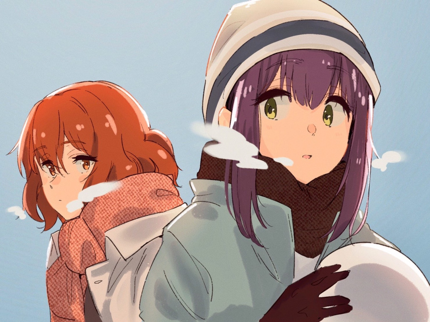 2girls beanie black_scarf blue_background blue_jacket bonryuu brown_eyes brown_hair closed_mouth collared_jacket crossover gloves green_eyes hat hibike!_euphonium holding holding_snowball jacket long_hair looking_at_another medium_hair multiple_girls open_mouth oumae_kumiko pink_scarf purple_hair scarf simple_background snowball steam toki_ayano white_headwear white_jacket yurucamp