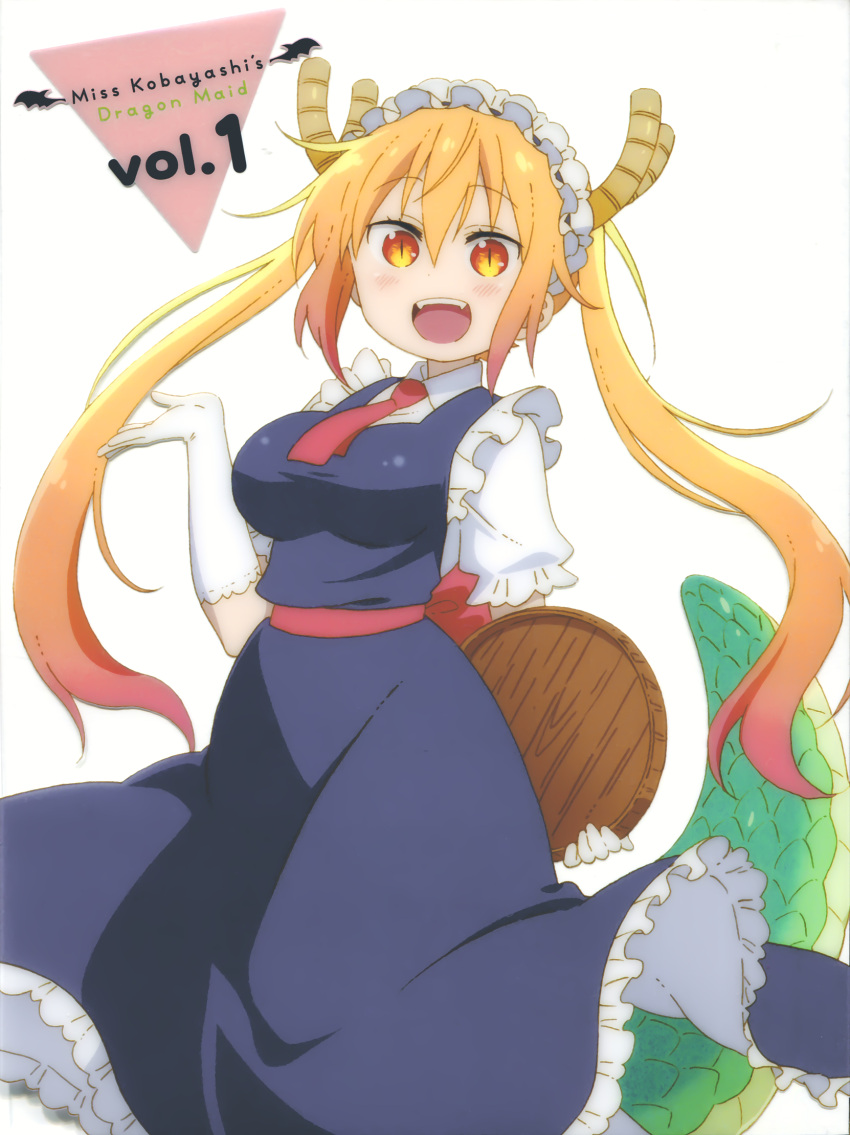 1girl copyright_name english_text gradient_hair highres horns kobayashi-san_chi_no_maidragon maid maid_headdress multicolored_hair no_nose official_art orange_hair red_eyes scan slit_pupils solo tail tohru_(maidragon) tray white_background