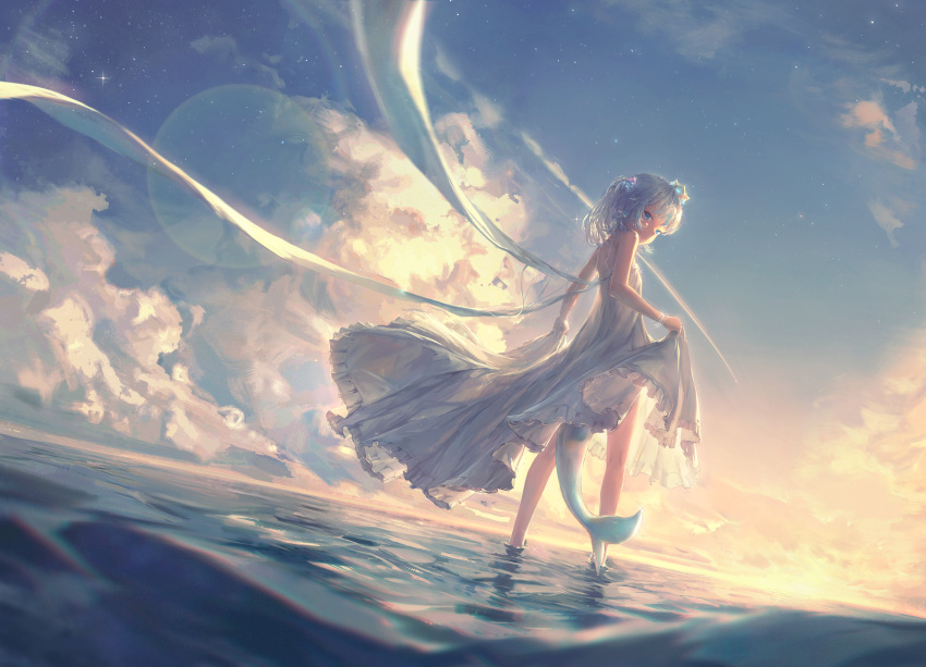 1girl absurdres bare_arms bare_legs clouds cloudy_sky day dino_(dinoartforame) dress fish_tail frilled_dress frills gawr_gura highres hololive hololive_english looking_at_viewer looking_back loose_clothes ocean on_water scenery shark_tail skirt_hold sky solo standing star_(sky) starry_sky sunrise tail virtual_youtuber wading water
