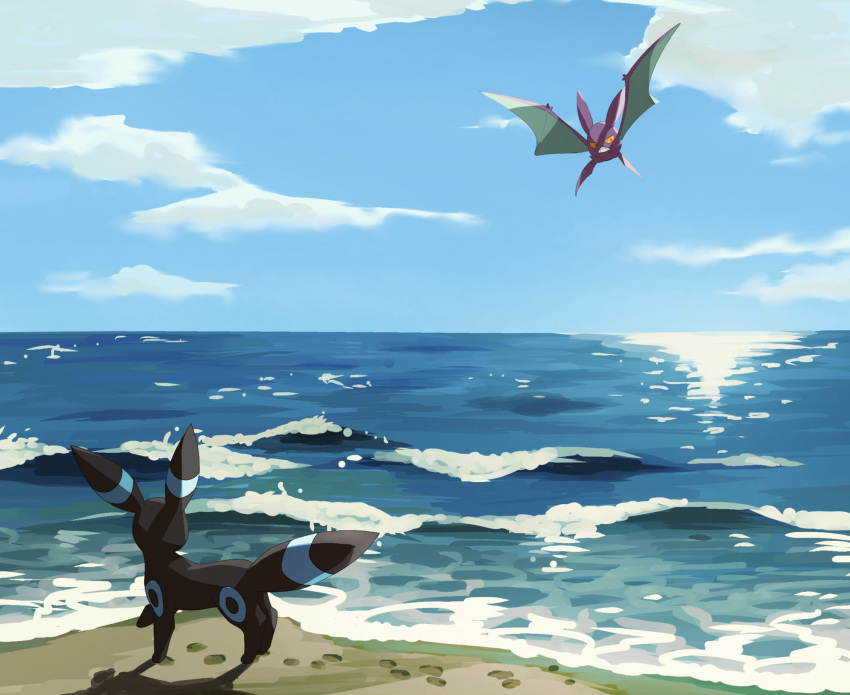 alternate_color clouds crobat day flying footprints gen_2_pokemon highres looking_to_the_side no_humans ocean outdoors pokemon pokemon_(creature) sand shiny_pokemon shore sky two_pokemon umbreon water