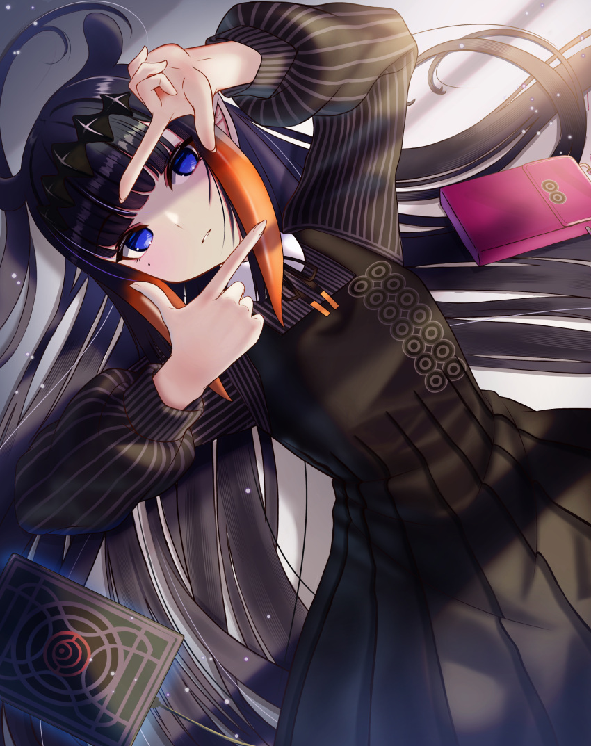 1girl absurdres ao-chan_(ninomae_ina'nis) bag bangs black_dress black_ribbon black_shirt blue_eyes blunt_bangs commentary_request dress english_commentary eyebrows_visible_through_hair finger_frame gradient_hair highres hololive hololive_english inari_(ambercrown) light_particles long_hair long_sleeves looking_at_viewer lying mixed-language_commentary mole mole_under_eye multicolored_hair ninomae_ina'nis on_back orange_hair parted_lips pinafore_dress pleated_dress pointy_ears puffy_long_sleeves puffy_sleeves ribbon shirt solo striped striped_shirt tentacle_hair tiara very_long_hair violet_eyes virtual_youtuber