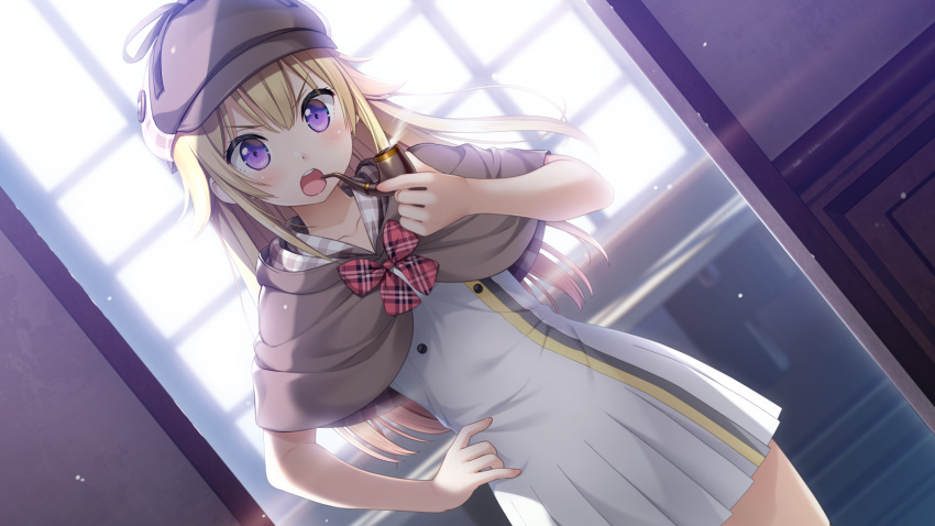 1girl bangs blonde_hair bow bowtie brown_capelet brown_headwear capelet collarbone dress dutch_angle floating_hair game_cg hair_between_eyes hand_on_hip hat highres holding kamisama_no_you_na_kimi_e kantoku lana_liddell-hart long_hair looking_at_viewer official_art open_mouth plaid plaid_bow plaid_neckwear pleated_dress red_bow red_neckwear short_dress smoke solo standing v-shaped_eyebrows violet_eyes white_dress