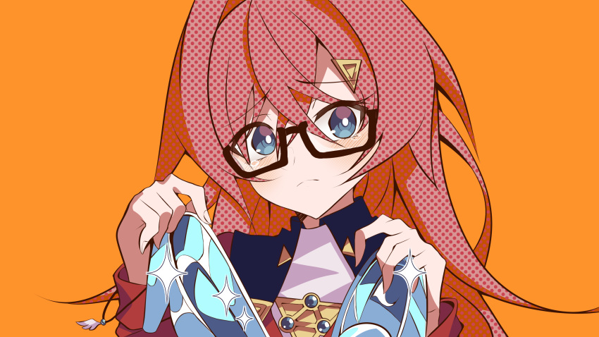 1girl absurdres ange_katrina bangs blue_eyes cinderella_(vocaloid) eyebrows_visible_through_hair frown glass_slipper glasses head_tilt highres holding holding_clothes holding_footwear long_hair nijisanji orange_background papa-kun_(destiny549-2) portrait red_sweater redhead solo sparkle sweater triangle_hair_ornament virtual_youtuber