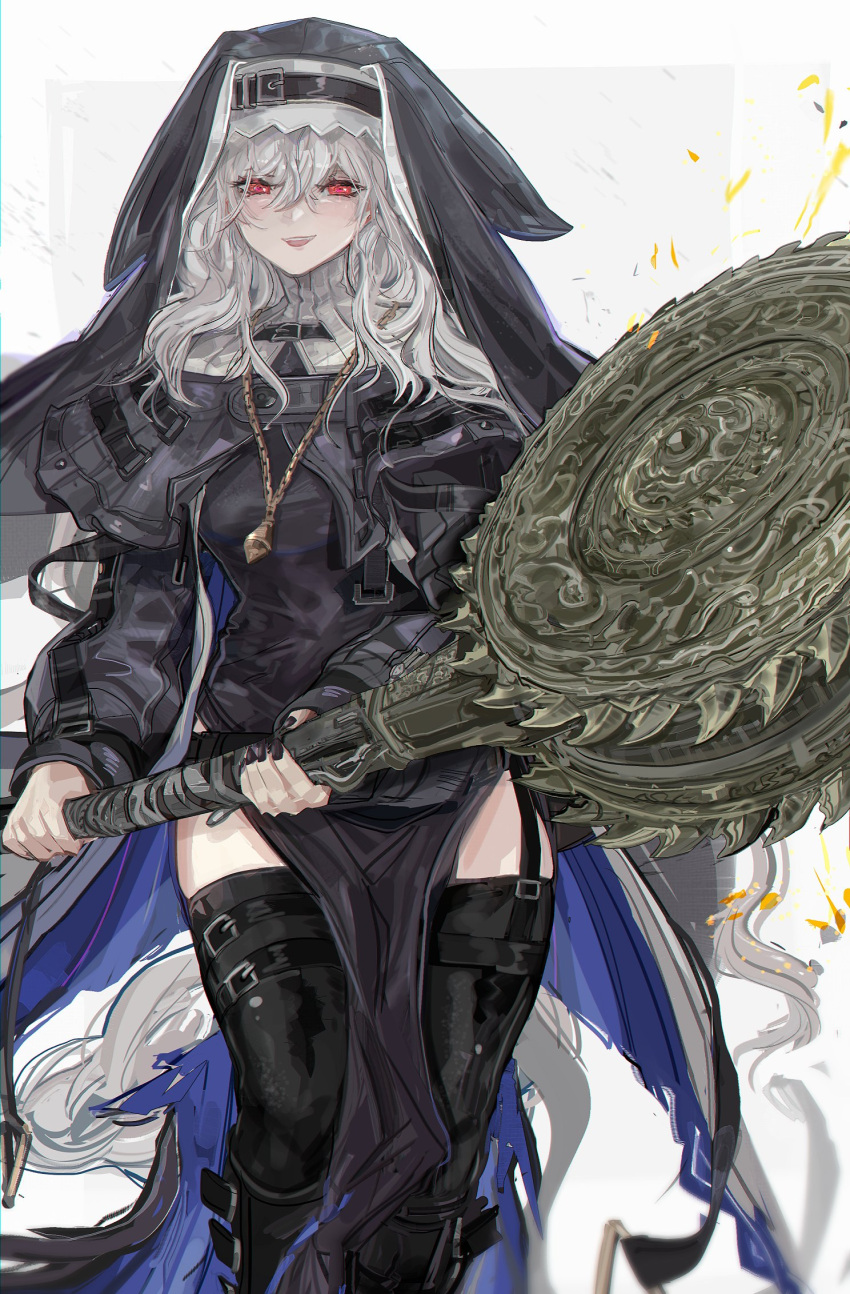 1girl arknights bangs belt_boots black_capelet black_footwear black_headwear black_legwear bloodborne boots breasts capelet circular_saw feet_out_of_frame garter_straps habit hair_between_eyes highres holding holding_weapon jewelry long_hair looking_at_viewer medium_breasts necklace nslacka nun off_shoulder open_clothes parted_lips pelvic_curtain red_eyes red_lips silver_hair smile specter_(arknights) sweater thigh-highs turtleneck turtleneck_sweater weapon white_background zettai_ryouiki