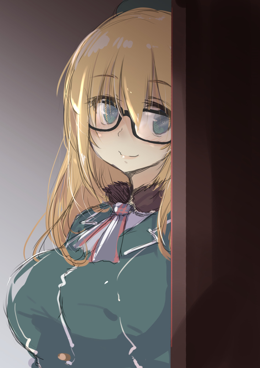 1girl absurdres ascot atago_(kancolle) beret bespectacled black-framed_eyewear blonde_hair blue_headwear breasts door fyuo glasses gradient gradient_background hat highres kantai_collection large_breasts long_hair looking_at_viewer military military_uniform one-hour_drawing_challenge solo uniform upper_body white_neckwear