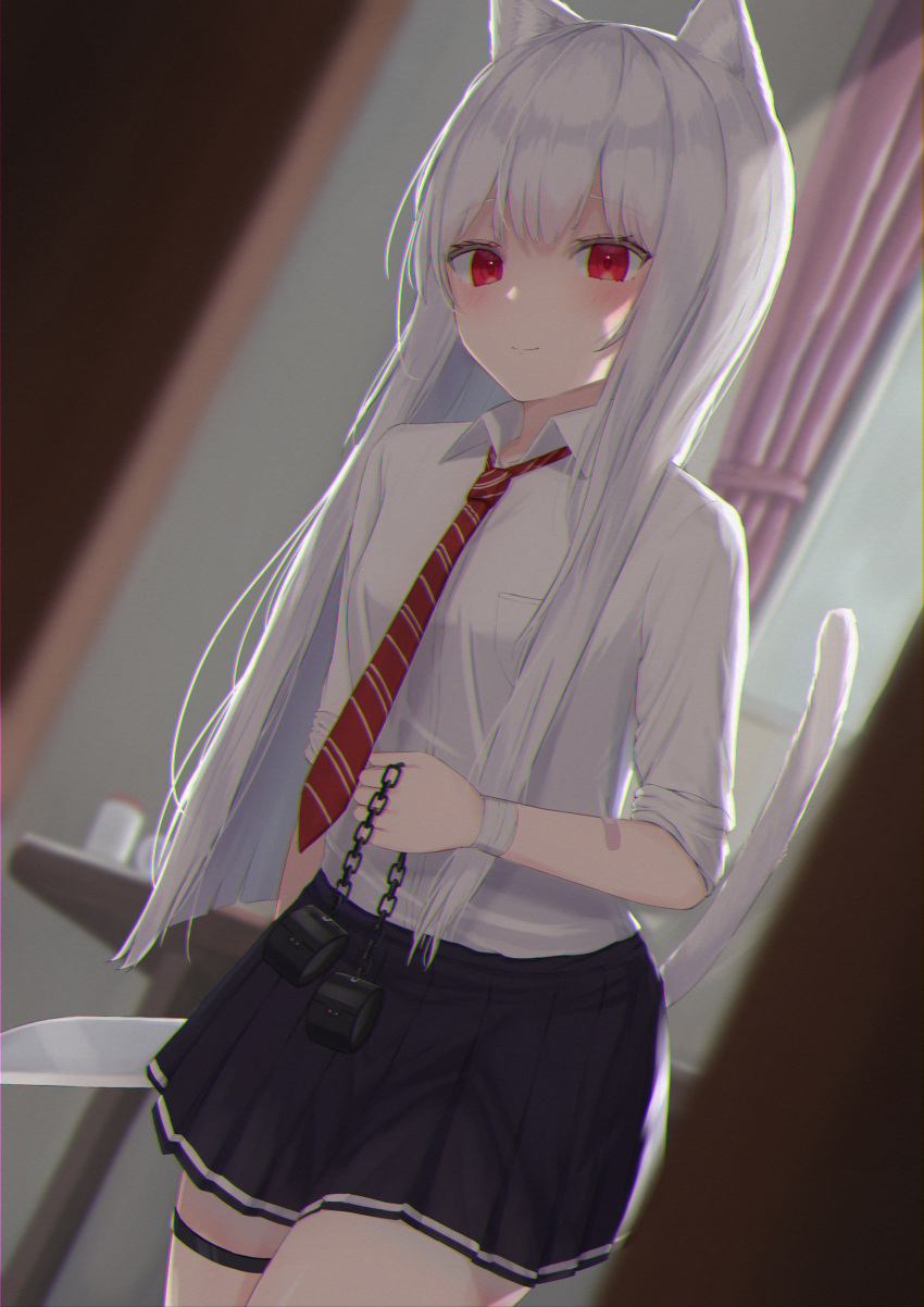 1girl absurdres animal_ears bandaged_wrist black_skirt cat_ears cat_girl cat_tail chromatic_aberration cuffs curtains highres holding holding_knife indoors kitchen_knife knife long_hair miniskirt necktie original pleated_skirt red_eyes shackles shirt skirt smile tail tanshio white_hair white_shirt