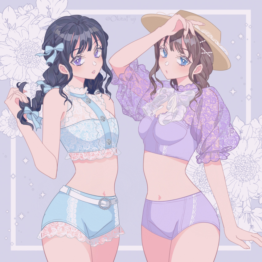 2girls :o arm_behind_back black_hair blue_eyes blue_ribbon blue_swimsuit boater_hat bow bra braid breasts brown_hair bustier buttons crop_top fashiom floral_background hair_ornament hair_ribbon hairclip hand_on_headwear hat_tip highres holding holding_hair lace lace_bra lace_sleeves lace_trim modeling multiple_girls okitafuji pants pearl_hair_ornament photo-referenced purple_background purple_swimsuit ribbon see-through_sleeves short_shorts shorts strapless swankiss_(brand) swimsuit tight tight_pants tubetop underwear underwear_only violet_eyes
