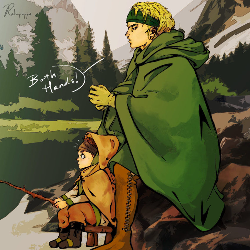 1boy 1girl blonde_hair cape child english_text fishing forest green_cape highres hild_(vinland_saga) karli lake looking_to_the_side nature outdoors redhead viking vinland_saga