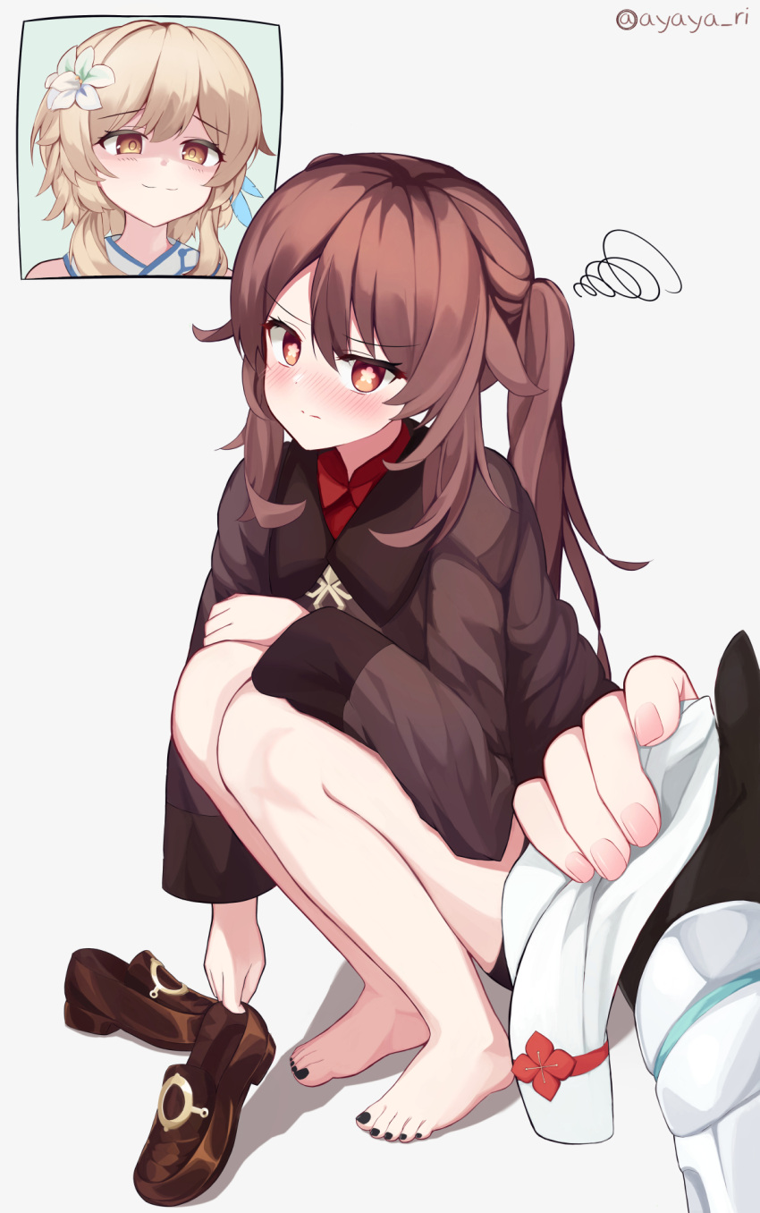 2girls annoyed ayaya_(ayaya_ri) blonde_hair blush brown_hair cropped feet flower full_body genshin_impact hair_flower hair_ornament highres hu_tao_(genshin_impact) legs looking_at_viewer lumine_(genshin_impact) multiple_girls red_eyes shoes_removed smile smug socks socks_removed squatting toes twintails vambraces yellow_eyes