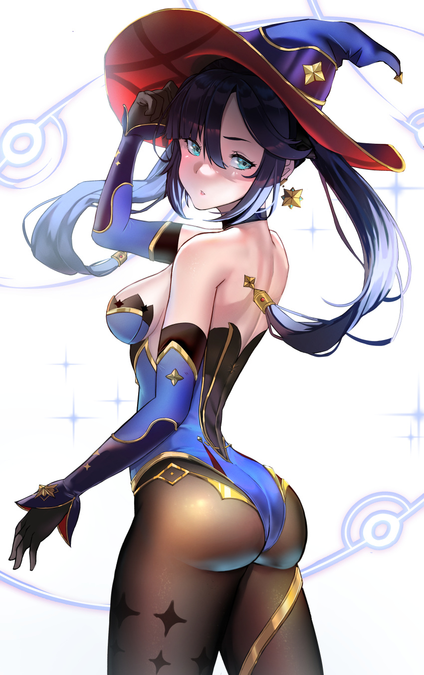 1girl absurdres aqua_eyes ass ass_focus bangs bare_shoulders black_legwear bodystocking curvy detached_sleeves from_behind genshin_impact hand_on_own_face hat highres lessthanone looking_back mona_megistus plump shiny shiny_skin solo wizard_hat
