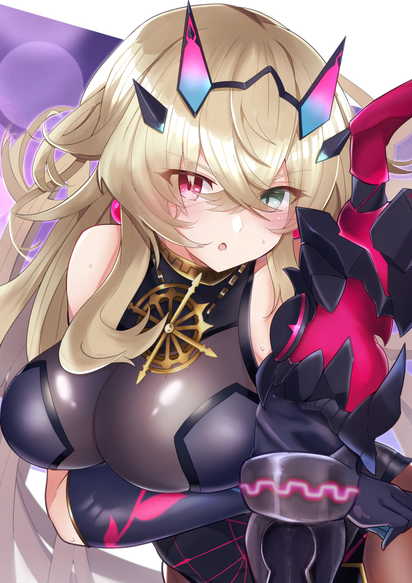 1girl absurdres arm_under_breasts armor bangs bare_shoulders black_dress black_gloves blonde_hair blush breasts brown_legwear dress earrings elbow_gloves fate/grand_order fate_(series) gauntlets gawain_(fairy_knight)_(fate) gloves green_eyes heterochromia highres horns jewelry large_breasts long_hair looking_at_viewer moyashi_(pixiv44153669) necklace open_mouth pantyhose pauldrons red_eyes shoulder_armor sideboob single_elbow_glove single_gauntlet single_pauldron solo