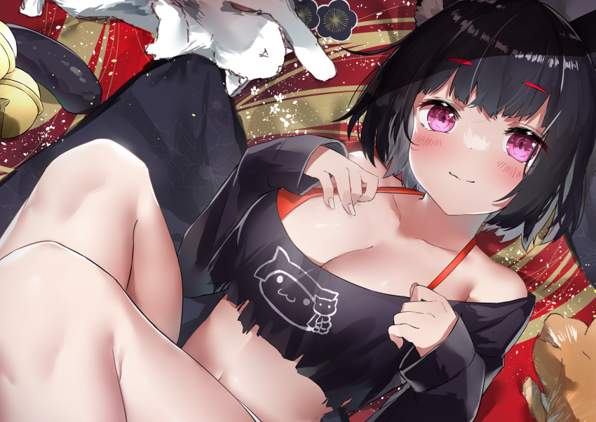 1girl absurdres animal_ears azur_lane bell black_hair blush breasts cat cat_ears cat_tail commentary_request cotton_kanzaki eyebrows_visible_through_hair highres large_breasts long_sleeves looking_at_viewer lying mismatched_eyebrows navel official_alternate_costume on_back shirt short_hair smile solo stomach tail tail_bell tail_ornament torn_clothes torn_shirt violet_eyes yamashiro_(azur_lane) yamashiro_(vacation_offensive!)_(azur_lane)