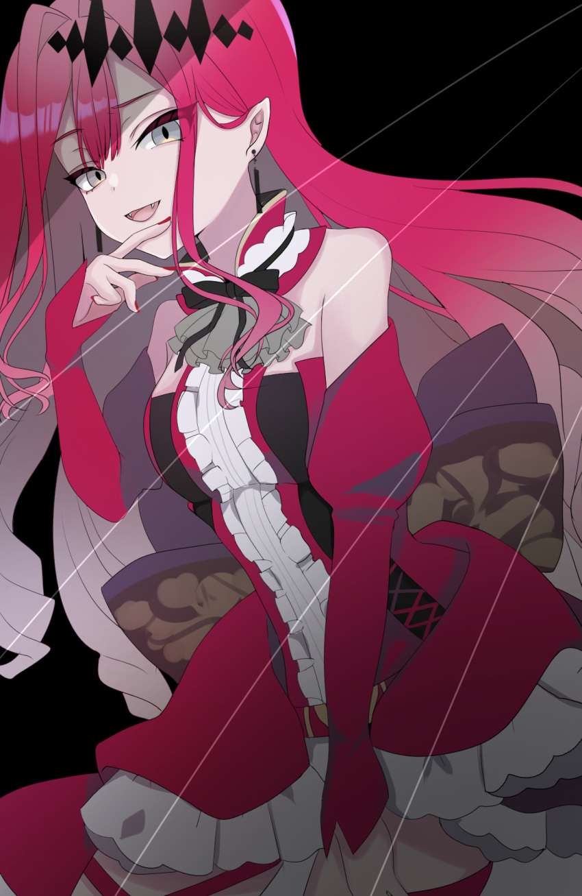 1girl bangs bare_shoulders breasts center_frills circlet detached_collar detached_sleeves doctor_0927 dress earrings fangs fate/grand_order fate_(series) frills grey_eyes highres jewelry long_hair looking_at_viewer medium_breasts open_mouth pink_hair pointy_ears red_dress sidelocks smile solo thread tristan_(fairy_knight)_(fate)