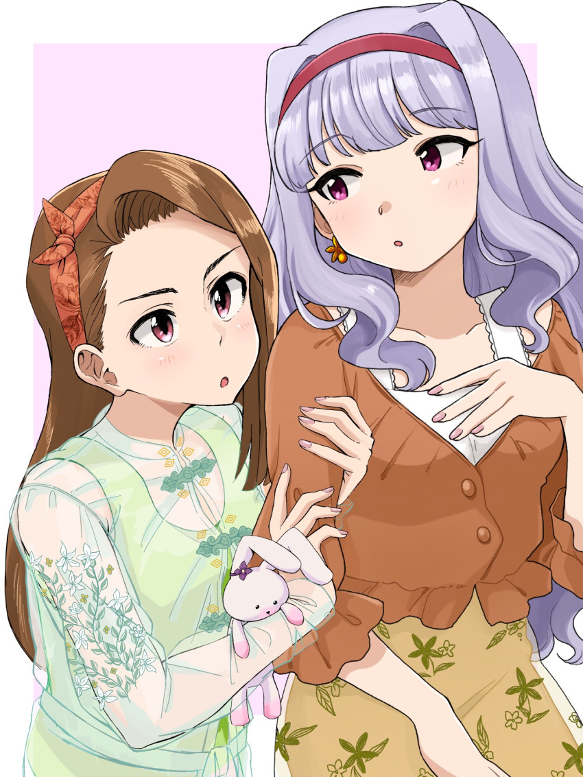 2girls :o anjerain bangs brown_blouse brown_hair collaboration collarbone eyebrows_visible_through_hair forehead hair_behind_ear hairband hand_on_own_chest highres holding_another's_arm idolmaster idolmaster_(classic) minase_iori multiple_girls naruse_ill orange_hairband red_hairband shijou_takane silver_hair skirt stuffed_animal stuffed_bunny stuffed_toy violet_eyes white_background