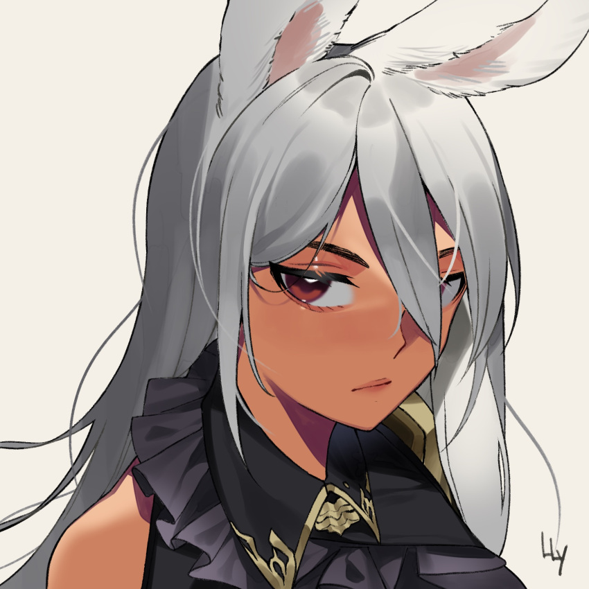 1girl animal_ears brown_eyes close-up dark-skinned_female dark_skin face final_fantasy final_fantasy_xiv grey_hair hair_between_eyes highres lilycious long_hair looking_at_viewer portrait rabbit_ears sleeveless solo viera white_background