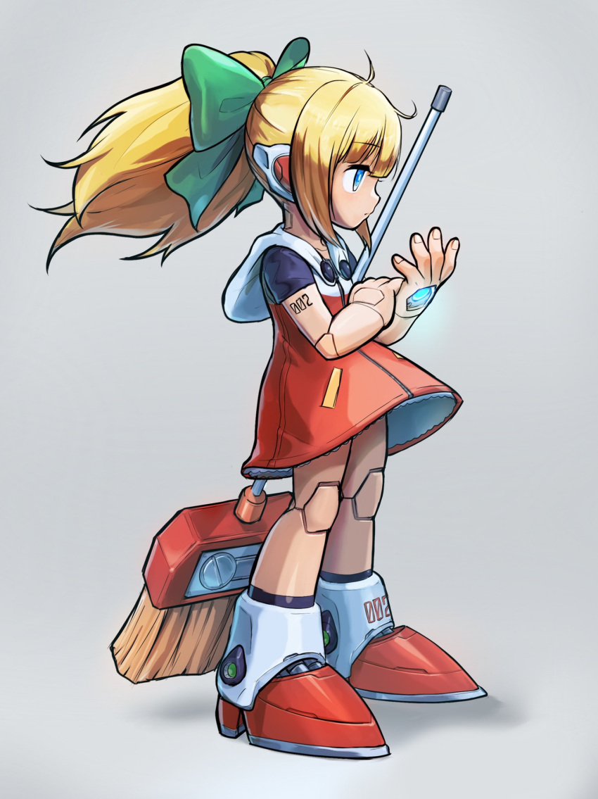blonde_hair blue_eyes bow broom dress full_body grey_background hair_bow highres hoshi_mikan joints mega_man_(series) number_tattoo ponytail red_dress red_footwear robot robot_joints roll_(mega_man) short_sleeves solo tattoo