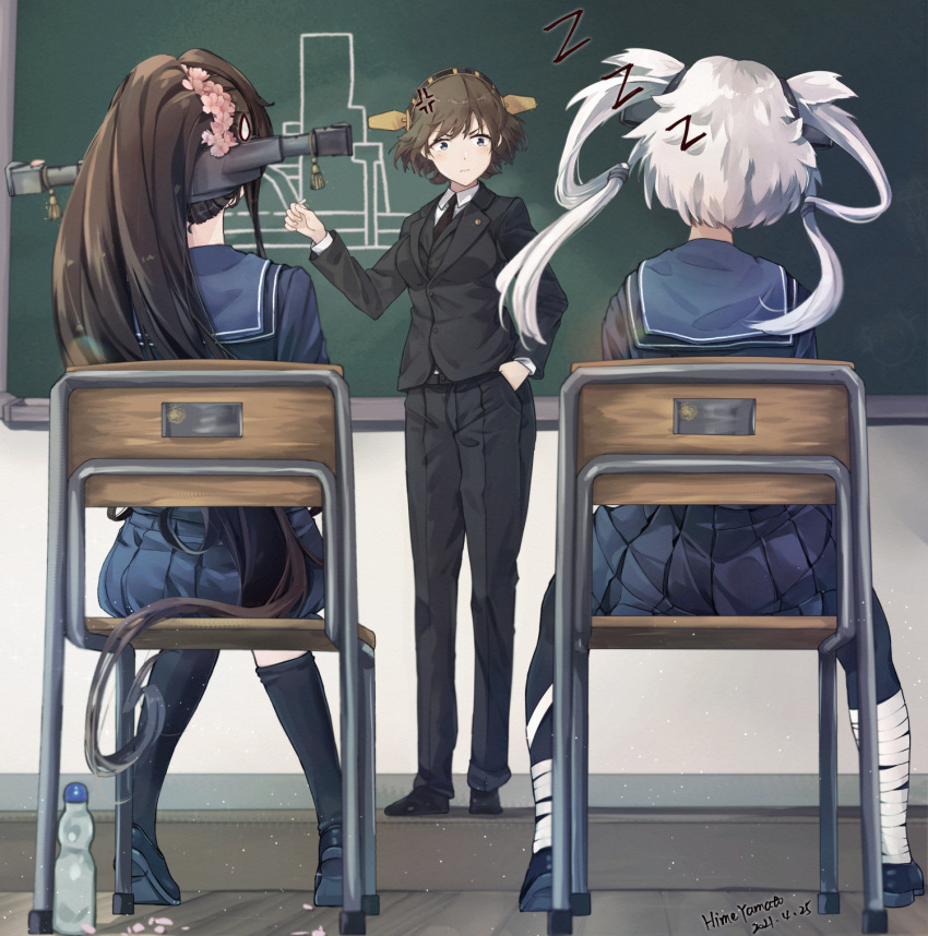 3girls anger_vein artist_name black_suit blue_eyes blue_serafuku bottle breasts brown_hair chair chalk chalkboard classroom commentary_request dated desk floor flower formal from_behind hair_flower hair_ornament hand_in_pocket head_tilt hiei_(kancolle) highres himeyamato kantai_collection knees_together_feet_apart long_hair multiple_girls musashi_(kancolle) pointy_hair ponytail sailor_collar sailor_shirt school_chair school_desk school_uniform serafuku shirt short_hair sitting sleeping spread_legs suit very_long_hair water_bottle yamato_(kancolle) zzz