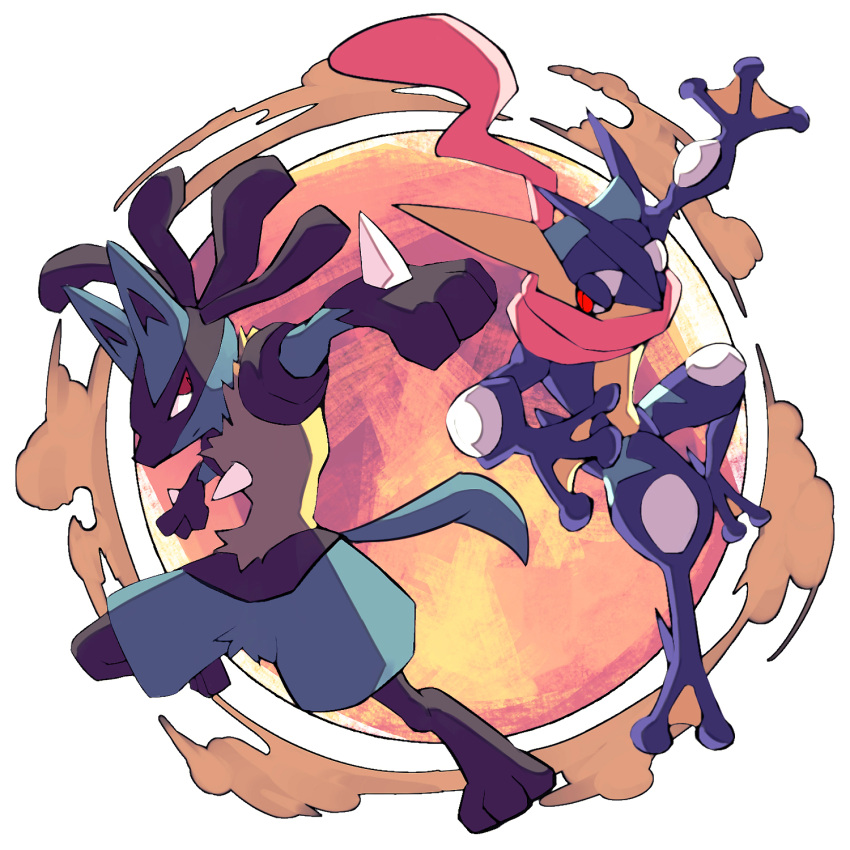 closed_mouth commentary_request gen_4_pokemon gen_6_pokemon greninja highres leg_up looking_back lucario orange_eyes outstretched_arm pokemon pokemon_(creature) smoke spikes toes tongue yellow_fur yottur