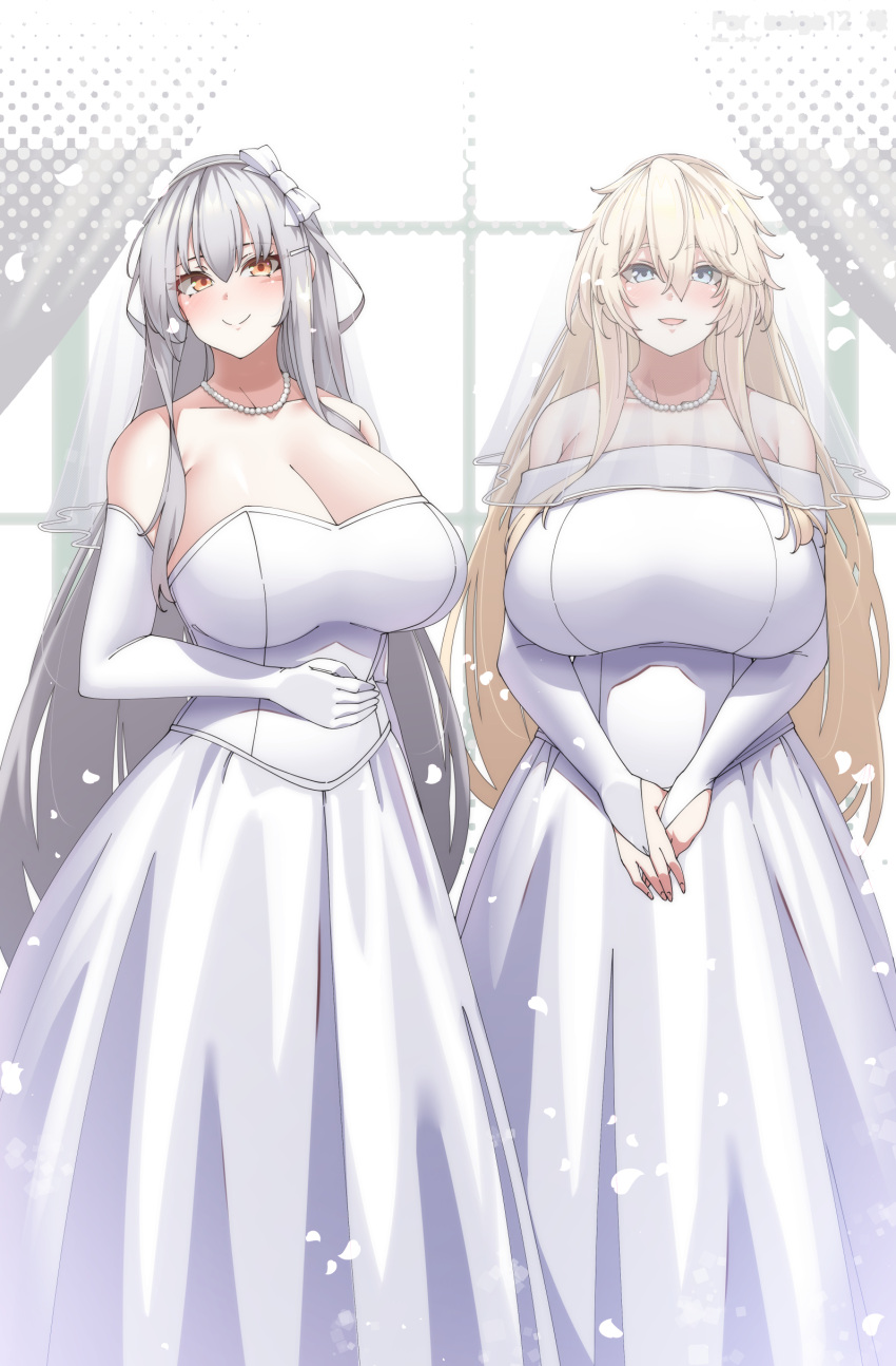 2girls absurdres alternate_costume blonde_hair blue_eyes breasts bridal_gauntlets bridal_veil bride collarbone commission dress elbow_gloves gangut_(kancolle) gloves grey_hair hair_ornament hairclip highres huge_breasts iowa_(kancolle) jewelry kantai_collection konoshige_(ryuun) long_hair multiple_girls necklace orange_eyes pearl_necklace scar scar_on_cheek scar_on_face skeb_commission sleeveless sleeveless_dress strapless strapless_dress veil very_long_hair wedding_dress white_dress white_gloves
