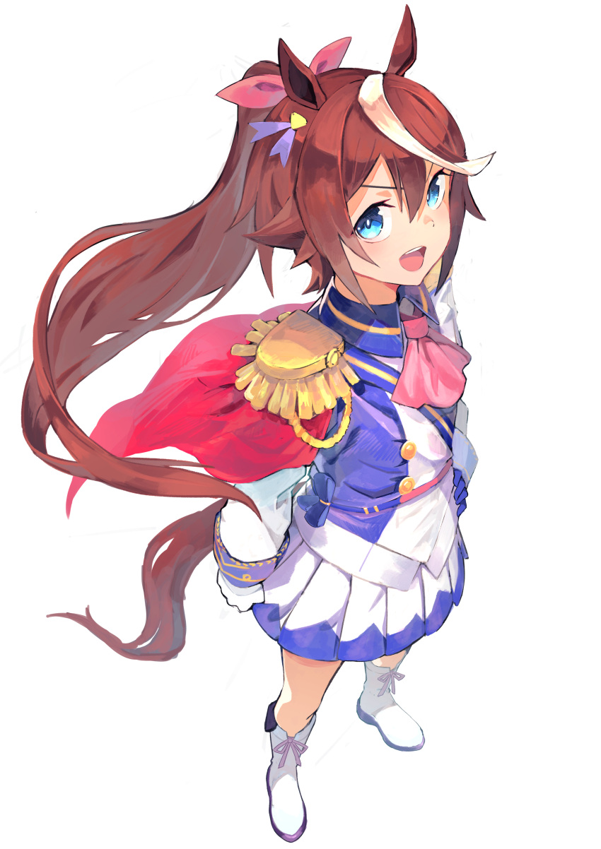 1girl 322ojisan absurdres animal_ears ascot blue_eyes blue_gloves blue_jacket blue_skirt boots brown_hair buttons cape determined double-breasted epaulettes from_above full_body gloves hair_between_eyes hair_flaps hair_ribbon hand_on_hip high_ponytail highres horse_ears horse_girl horse_tail jacket knee_boots long_hair long_sleeves miniskirt mismatched_gloves multicolored_hair pink_neckwear pink_ribbon pleated_skirt red_cape ribbon simple_background single_epaulette skirt solo streaked_hair tail tokai_teio_(umamusume) two-tone_hair two-tone_jacket two-tone_skirt umamusume v-shaped_eyebrows white_background white_footwear white_gloves white_hair white_jacket white_skirt
