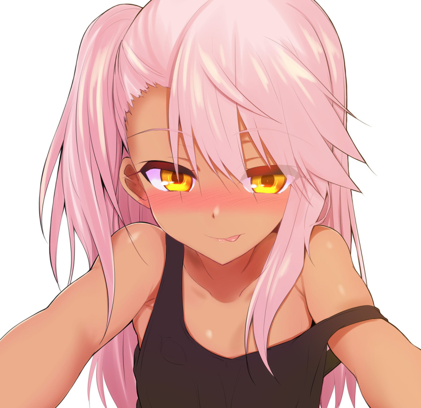 1girl breasts chloe_von_einzbern dark-skinned_female dark_skin fate/kaleid_liner_prisma_illya fate_(series) long_hair looking_at_viewer off_shoulder pink_hair sen_(astronomy) side_ponytail small_breasts smile solo strap_slip tank_top tongue tongue_out upper_body yellow_eyes