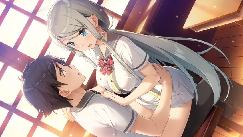 1boy 1girl blue_eyes bow bowtie brown_hair classroom collarbone collared_shirt desk eye_contact game_cg girl_on_top grey_sailor_collar hair_ornament hand_on_another's_hip hand_on_another's_shoulder hetero highres indoors kamisama_no_you_na_kimi_e kantoku long_hair looking_at_another miniskirt official_art open_mouth plaid plaid_bow plaid_neckwear pleated_skirt red_bow red_neckwear sailor_collar sailor_shirt shiny shiny_hair shiromae_kaito shirt short_hair sidelocks silver_hair sitting sitting_on_lap sitting_on_person skirt tsukuyomi_(kamikimi) very_long_hair white_shirt white_skirt wooden_floor