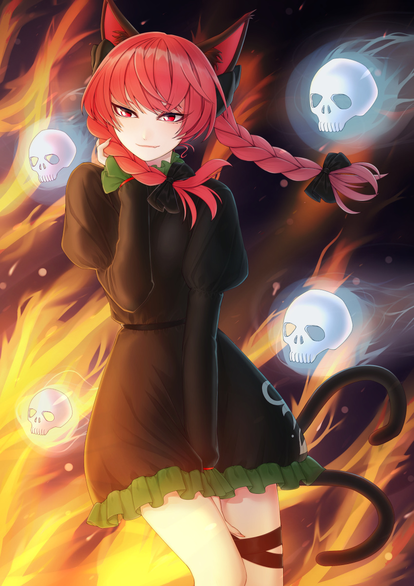 1girl absurdres animal_ear_fluff animal_ears black_dress braid breasts cat_ears cat_tail dark_background dress eyebrows_behind_hair fang feet_out_of_frame fire highres hitodama juliet_sleeves kaenbyou_rin light_smile long_hair long_sleeves mi_(srmt5322) multiple_tails nekomata puffy_sleeves red_eyes redhead simple_background skin_fang skull small_breasts solo tail touhou twin_braids two_tails