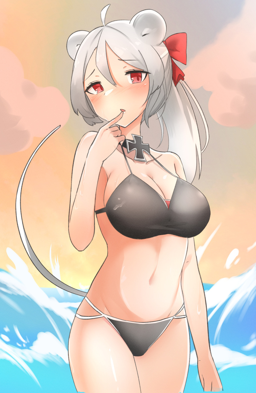 1girl :o ahoge bikini black_bikini blush breasts choker cleavage cross daebom eyebrows_visible_through_hair finger_on_lips highres medium_breasts medium_hair mouse_ears mouse_tail navel red_eyes sky solo tail thighs water white_hair