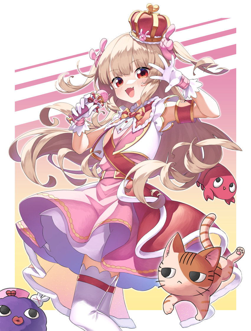 1girl :d absurdres armband belt blush bunny_hair_ornament cowboy_shot crown dress fang hair_ornament highres holding holding_microphone huge_filesize idol light_brown_hair long_hair looking_at_viewer microphone natori_sana neko7 open_mouth pink_dress red_eyes sana_channel short_dress skin_fang smile solo thigh-highs tilted_headwear two_side_up vest virtual_youtuber white_background white_legwear