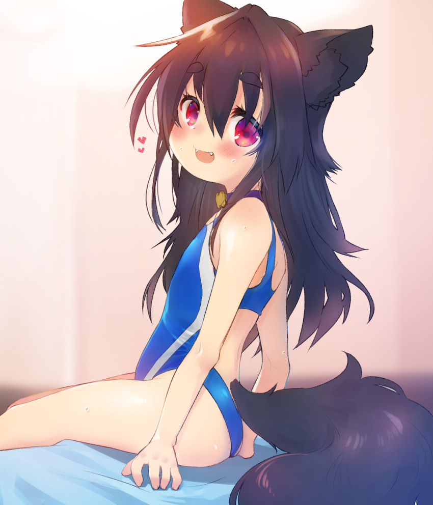 1girl animal_ears ass black_hair blue_swimsuit blush child choker competition_swimsuit dog_ears dog_girl dog_tail eyebrows eyebrows_visible_through_hair fang fangs from_behind heart highres kannagi_cocoa long_hair looking_back one-piece_swimsuit open_mouth original pink_background red_eyes short_hair simple_background sitting small_breasts smile solo swimsuit tail thighs toba_hiyoko