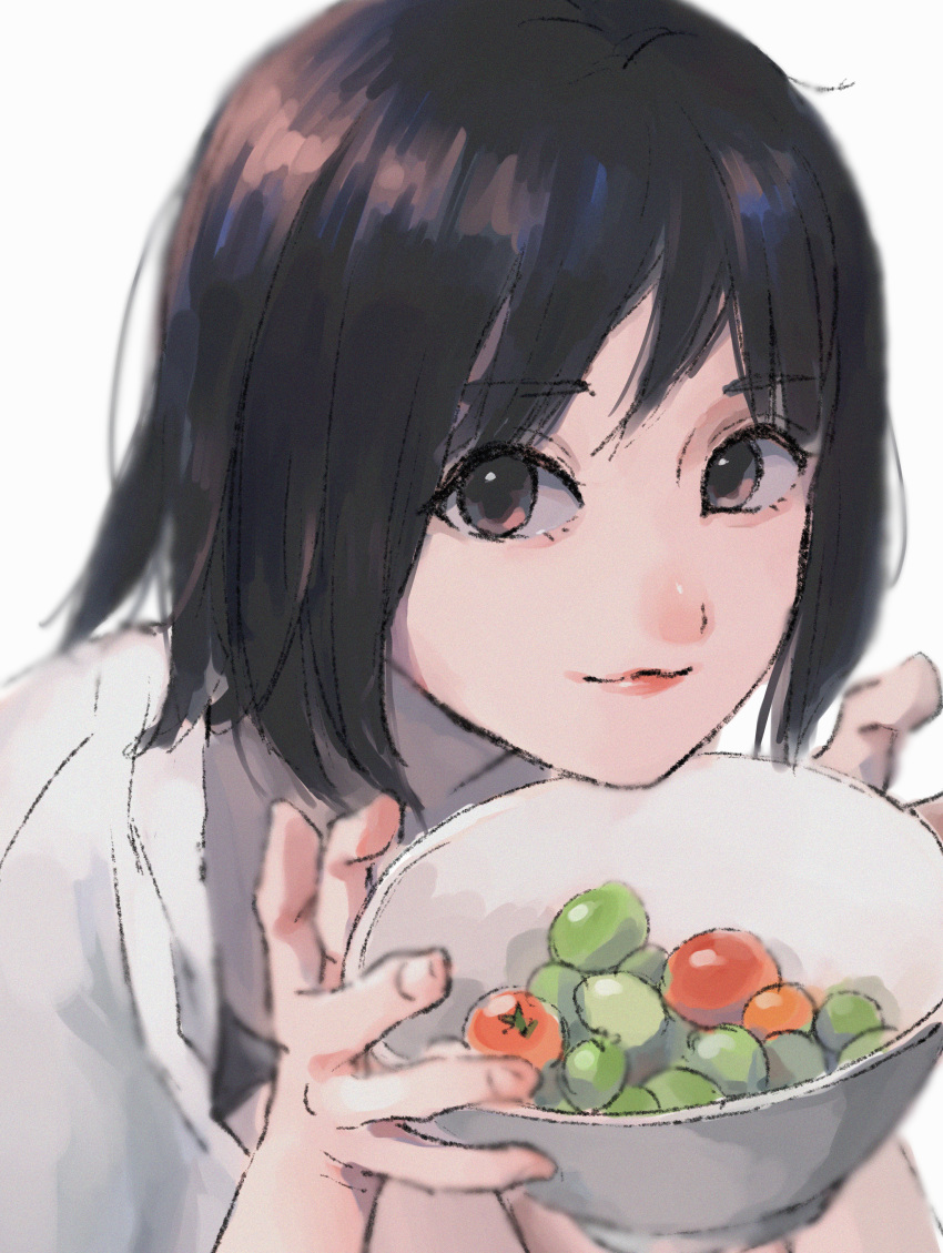 1girl absurdres bangs black_eyes black_hair bowl food hands_up highres huge_filesize looking_at_viewer original ritao_kamo shirt short_hair simple_background smile solo white_background white_shirt