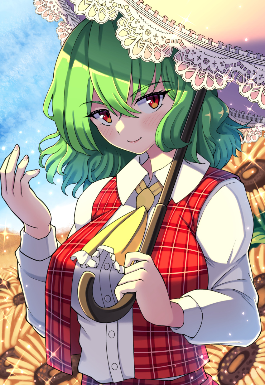 1girl absurdres ascot blush breasts commentary_request day dokushu_yanagi5322 flower frills green_hair highres holding holding_umbrella kazami_yuuka large_breasts medium_hair outdoors plaid plaid_skirt plaid_vest red_eyes skirt smile solo sparkle sunflower touhou umbrella upper_body vest yellow_flower