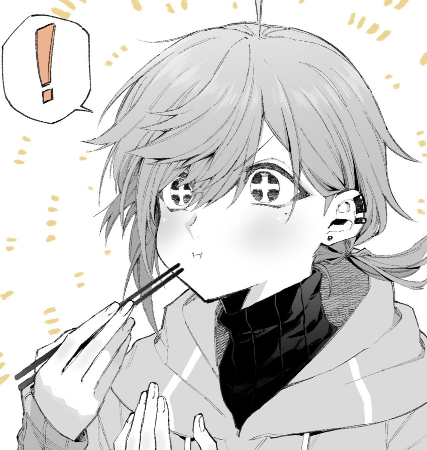 ! +_+ 1boy :i ahoge bangs chopsticks chouonsoku-jiisan ear_piercing eating food_in_mouth greyscale hair_between_eyes highres holding holding_chopsticks jacket jewelry kanae_(nijisanji) long_sleeves male_focus mole mole_under_eye monochrome nijisanji piercing ponytail simple_background solo spoken_exclamation_mark spot_color sweater turtleneck turtleneck_sweater two-tone_background virtual_youtuber