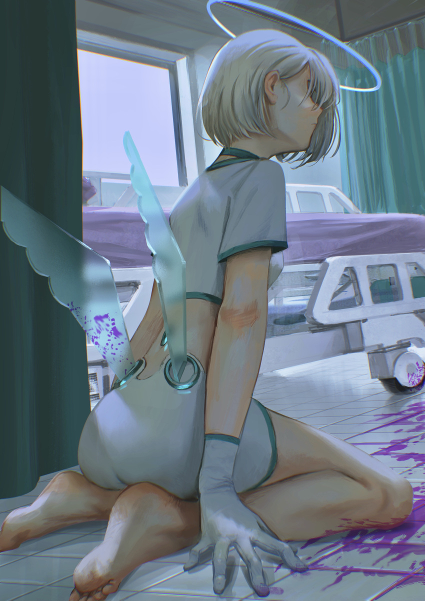 1girl absurdres bed bed_sheet curtains dress feet gloves hair_behind_ear hair_over_face halo highres hospital hospital_bed kanikumitoi kneeling low_wings medium_hair on_ground original solo stain tile_floor tiles white_dress white_hair window wings