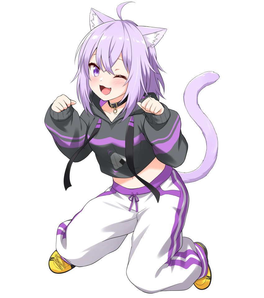 1girl :3 ;d absurdres ahoge animal_collar animal_ear_fluff animal_ears baggy_pants bangs black_collar black_hoodie cat_ears cat_girl cat_tail collar crop_top crossed_bangs drawstring fang felutiahime full_body hair_between_eyes highres hololive hood hoodie long_sleeves looking_at_viewer midriff navel nekomata_okayu one_eye_closed onigiri_print open_mouth pants paw_pose purple_hair shoes short_hair simple_background sleeves_past_wrists smile sneakers solo sweatpants tail violet_eyes virtual_youtuber white_background white_pants yellow_footwear