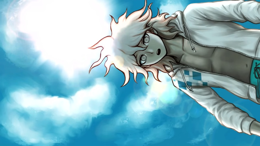 1boy bangs collarbone dangan_ronpa_(series) dangan_ronpa_s:_ultimate_summer_camp day from_below green_male_swimwear grey_eyes grey_hair jacket komaeda_nagito looking_down male_swimwear medium_hair navel no_shirt official_art open_clothes open_jacket open_mouth outdoors print_jacket sun third-party_source upper_teeth white_jacket