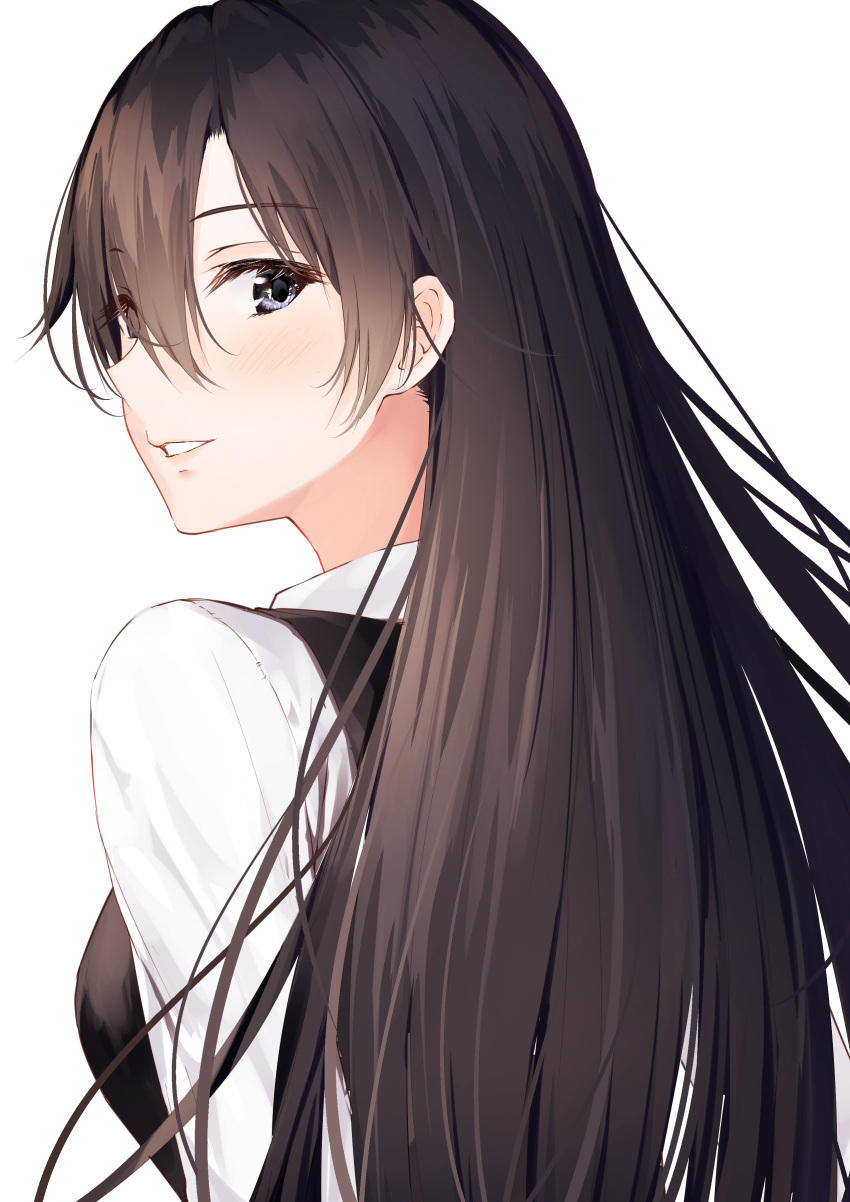 1girl absurdres bangs black_vest brown_hair commentary_request from_behind grey_eyes hair_between_eyes highres hiratsuka_shizuka long_hair looking_to_the_side parted_lips primamiya shirt vest white_background white_shirt yahari_ore_no_seishun_lovecome_wa_machigatteiru.