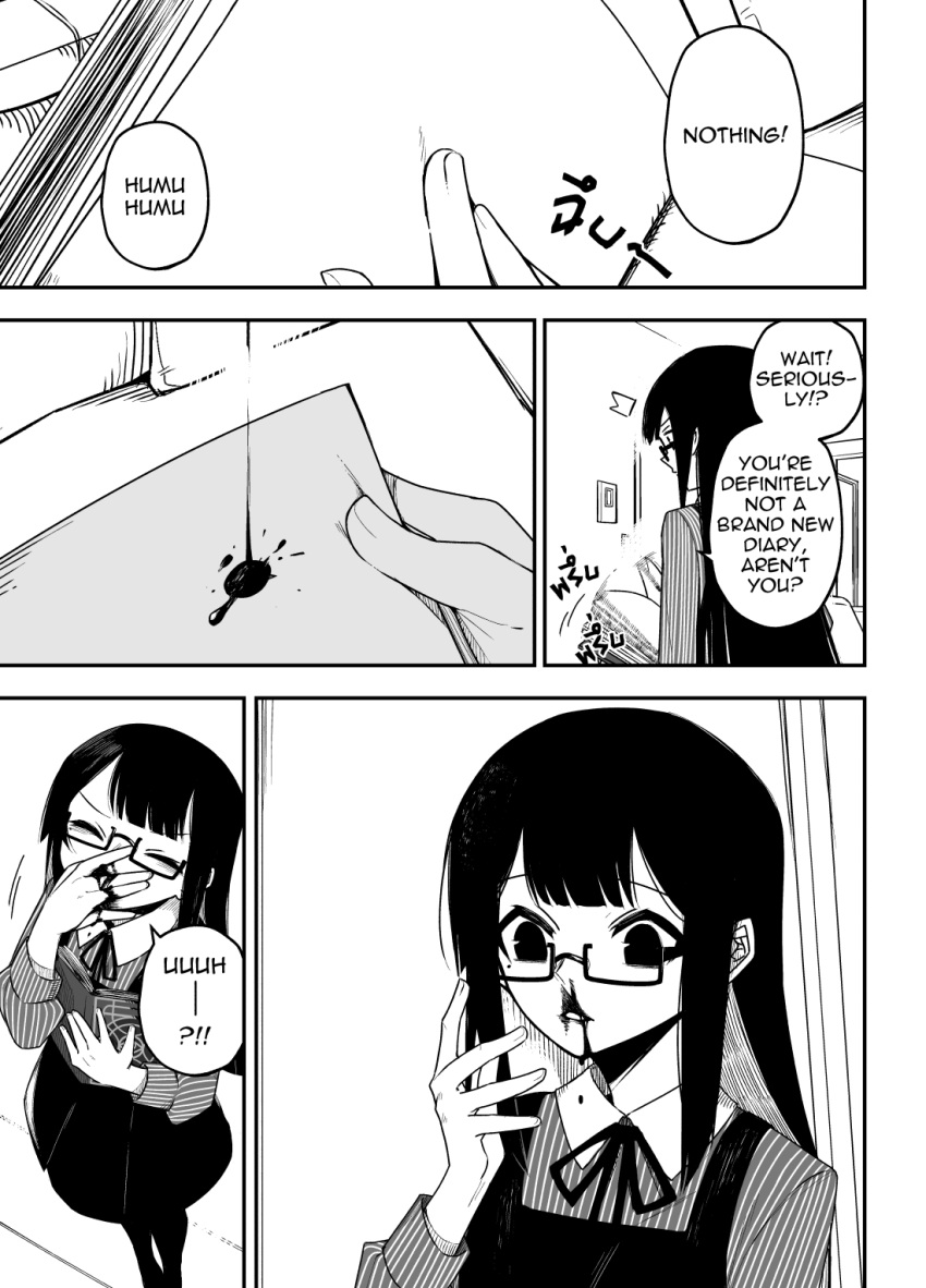 1girl angry_num blood book closed_eyes doujinshi english_text glasses greyscale highres hololive holomyth indoors long_hair monochrome ninomae_ina'nis nosebleed page_flap shirt striped striped_shirt thigh-highs